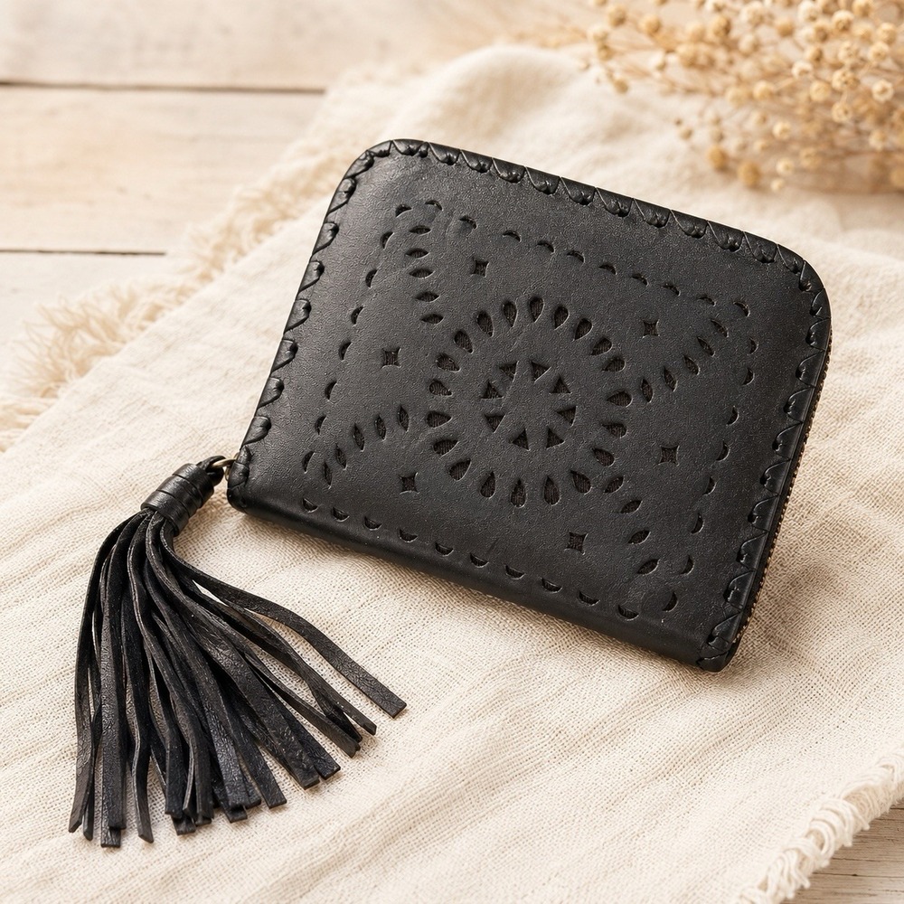 Cleobella Mexicana Black Leather Zip Wallet Clutch Hand Tooled Tassel Boho